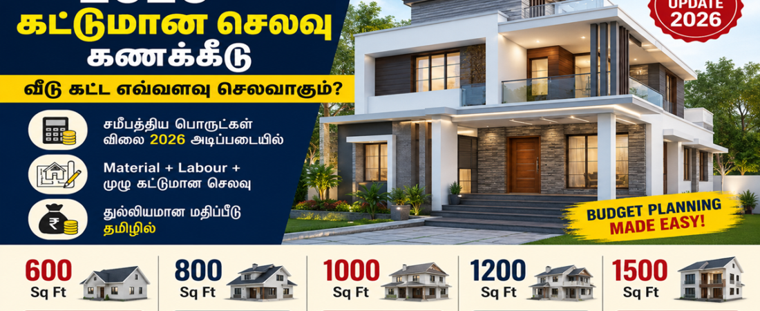 2026 கட்டுமான செலவு கணக்கீடு – 600, 800, 1000, 1200, 1500 Sq Ft வீடு கட்ட எவ்வளவு செலவாகும்?