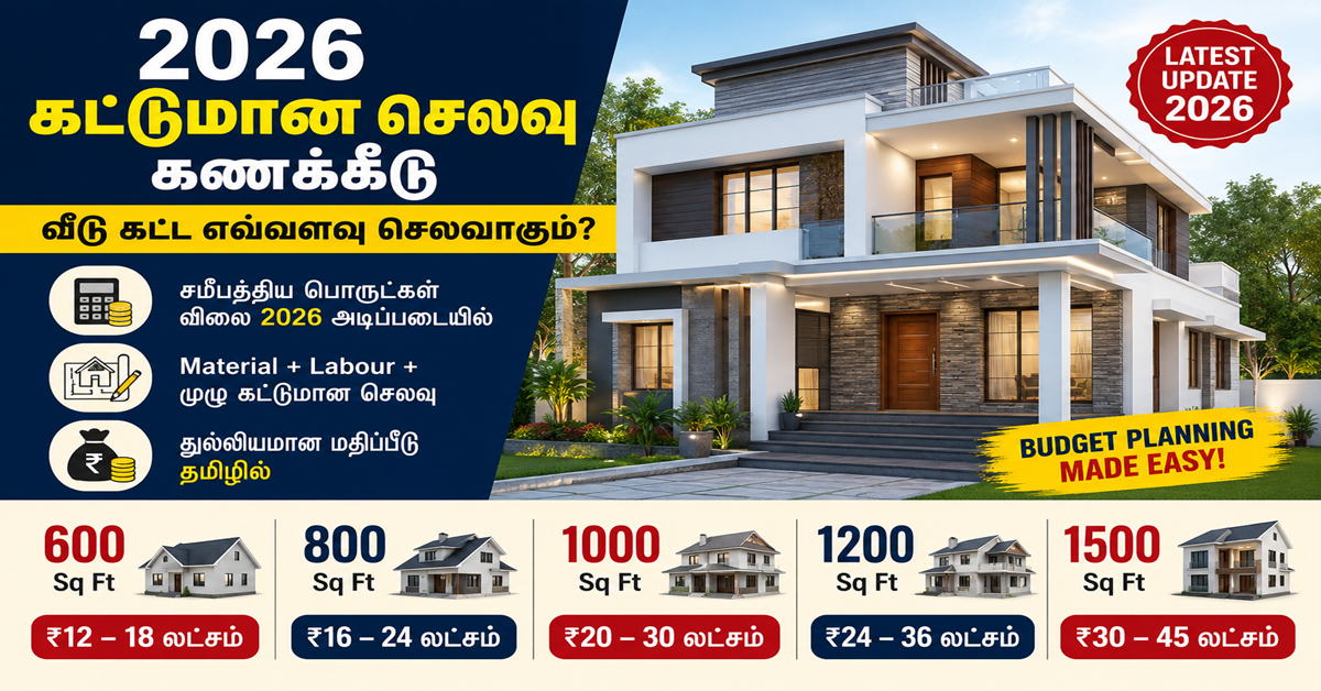 2026 கட்டுமான செலவு கணக்கீடு – 600, 800, 1000, 1200, 1500 Sq Ft வீடு கட்ட எவ்வளவு செலவாகும்?