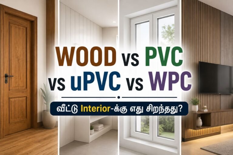 “WOOD vs PVC vs uPVC vs WPC” சிறிய subtitle: “வீட்டில் எங்கு பயன்படுத்தலாம்?”