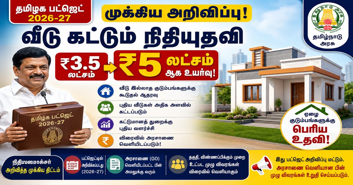 தமிழக பட்ஜெட் 2026: வீடு கட்டும் நிதியுதவி ₹5 லட்சமாக உயர்வு – எப்போது அமலுக்கு வரும்?